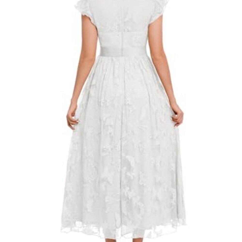 Flowy Tulle Midi Dress with Ruffle Sleeves Lace Trim Formal Party - Picture 5 of 8